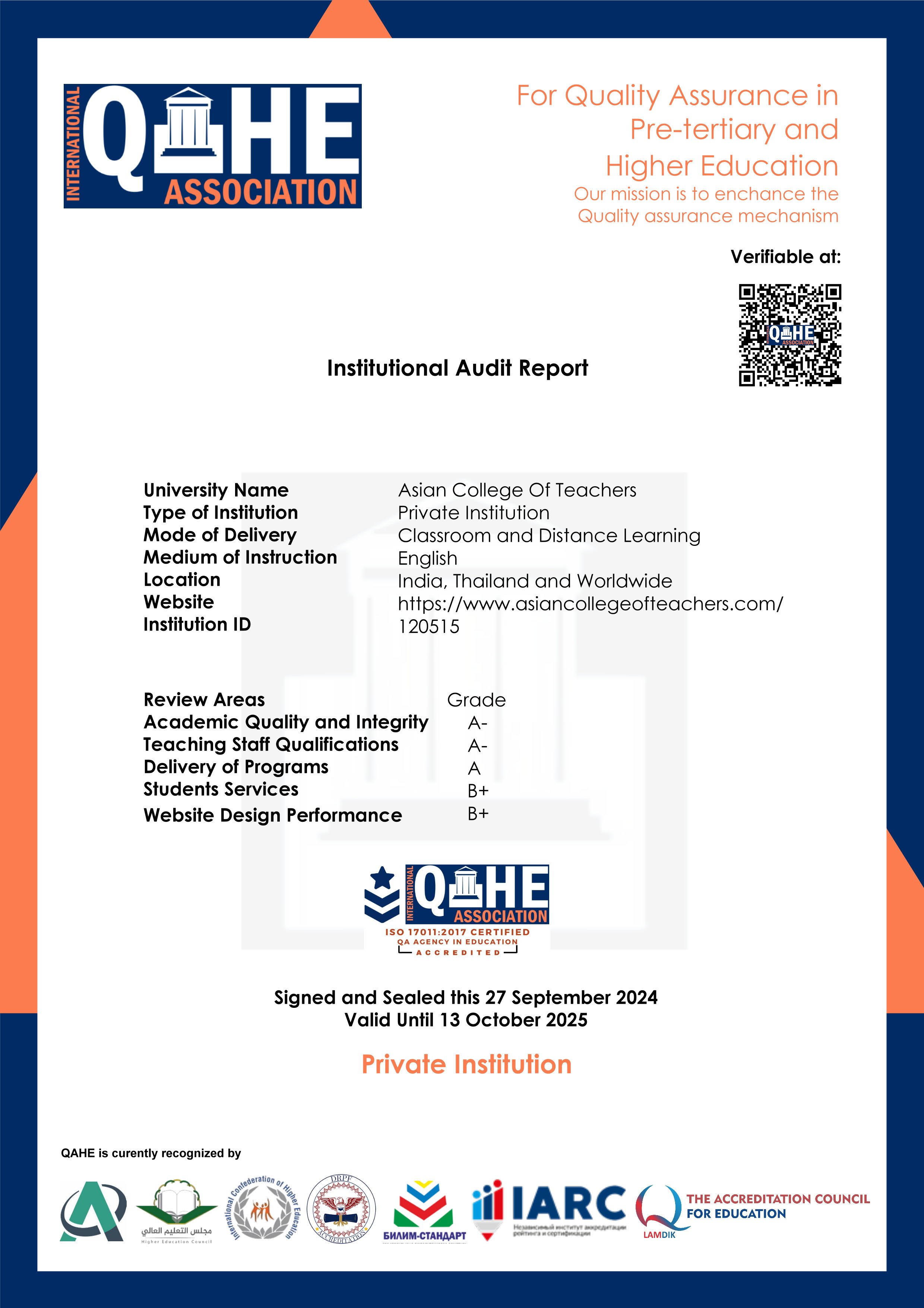 Asian College of Teachers Audit Report by QAHE