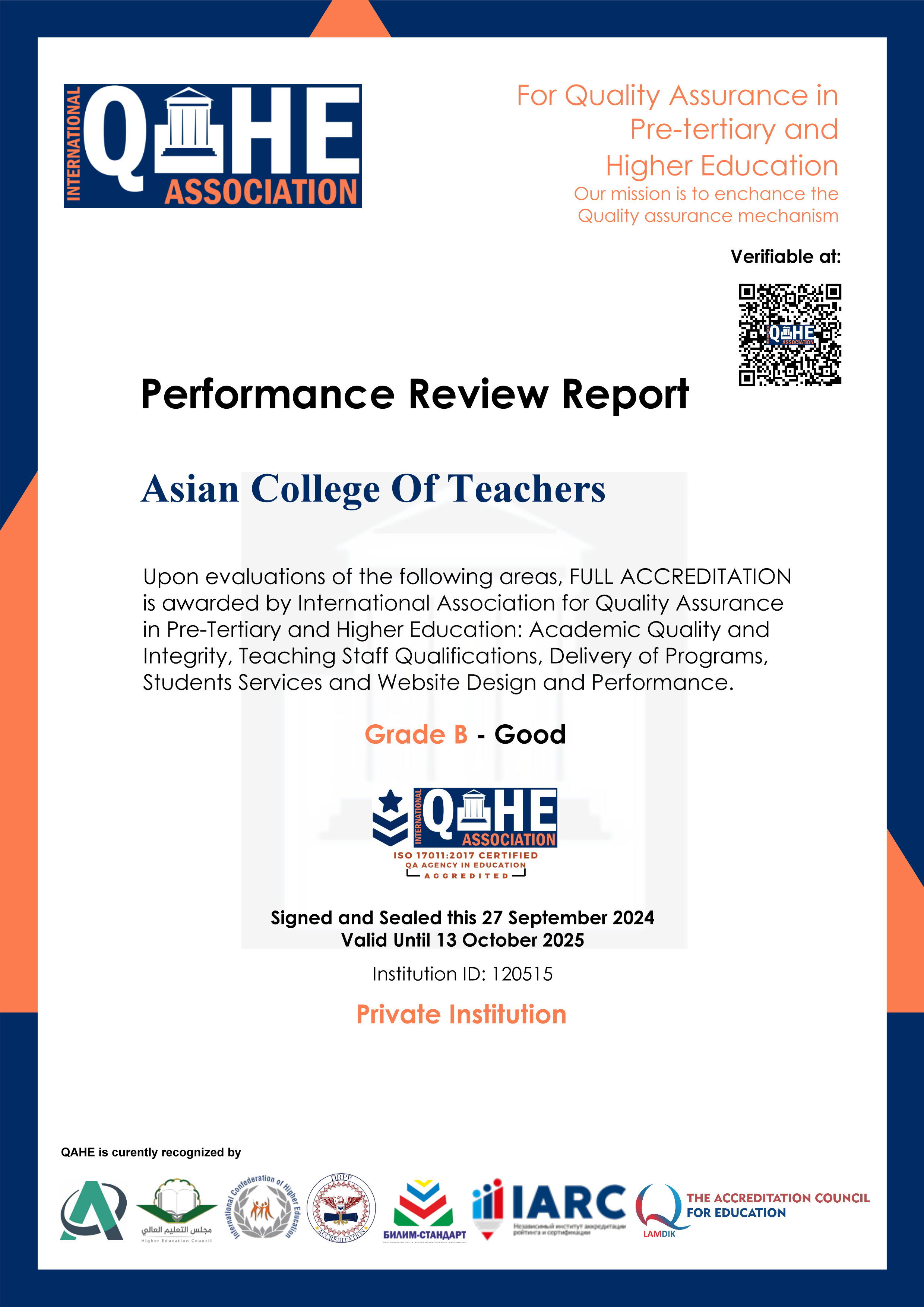 Asian College of Teachers Performance Review Report by QAHE