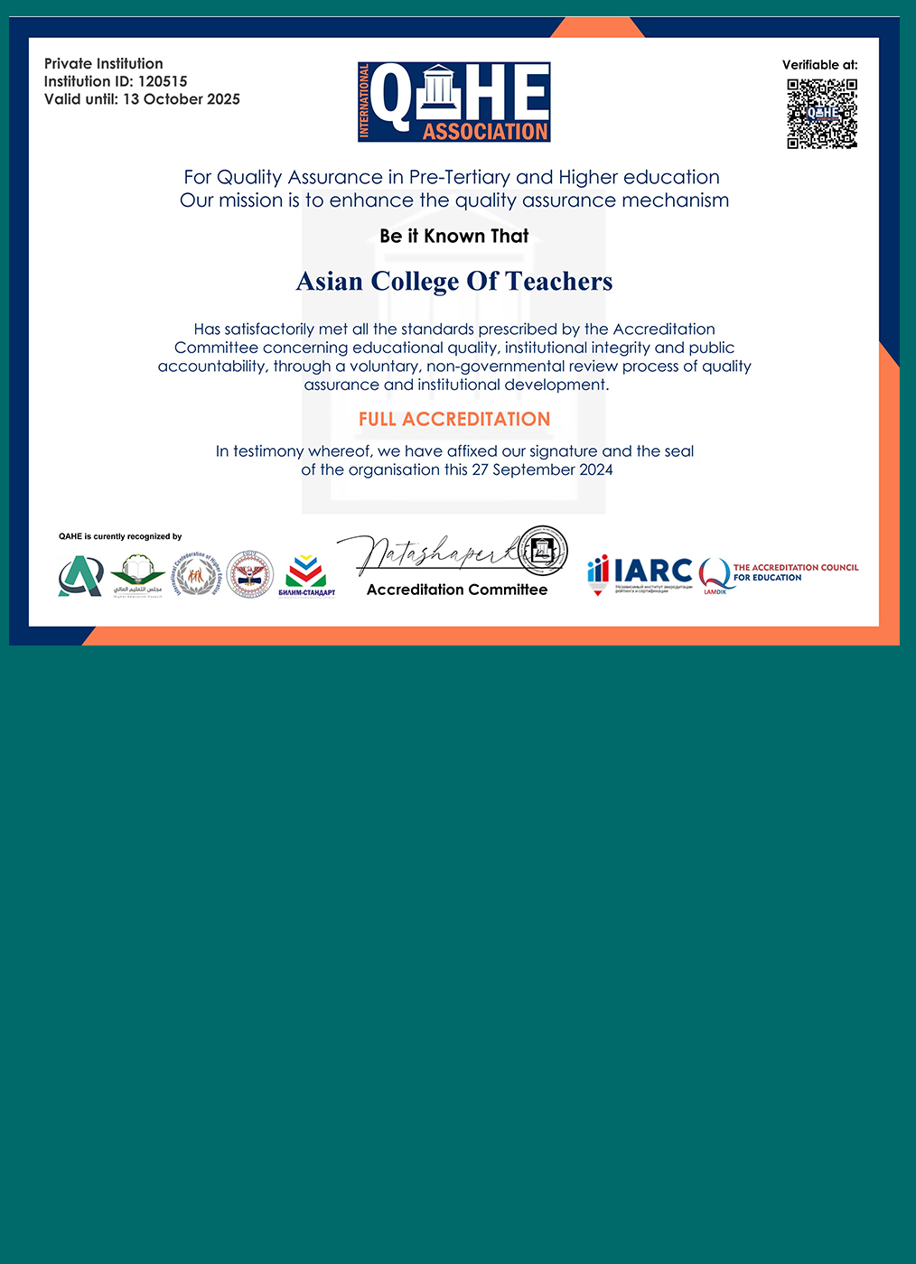QAHE Accreditation Certificate