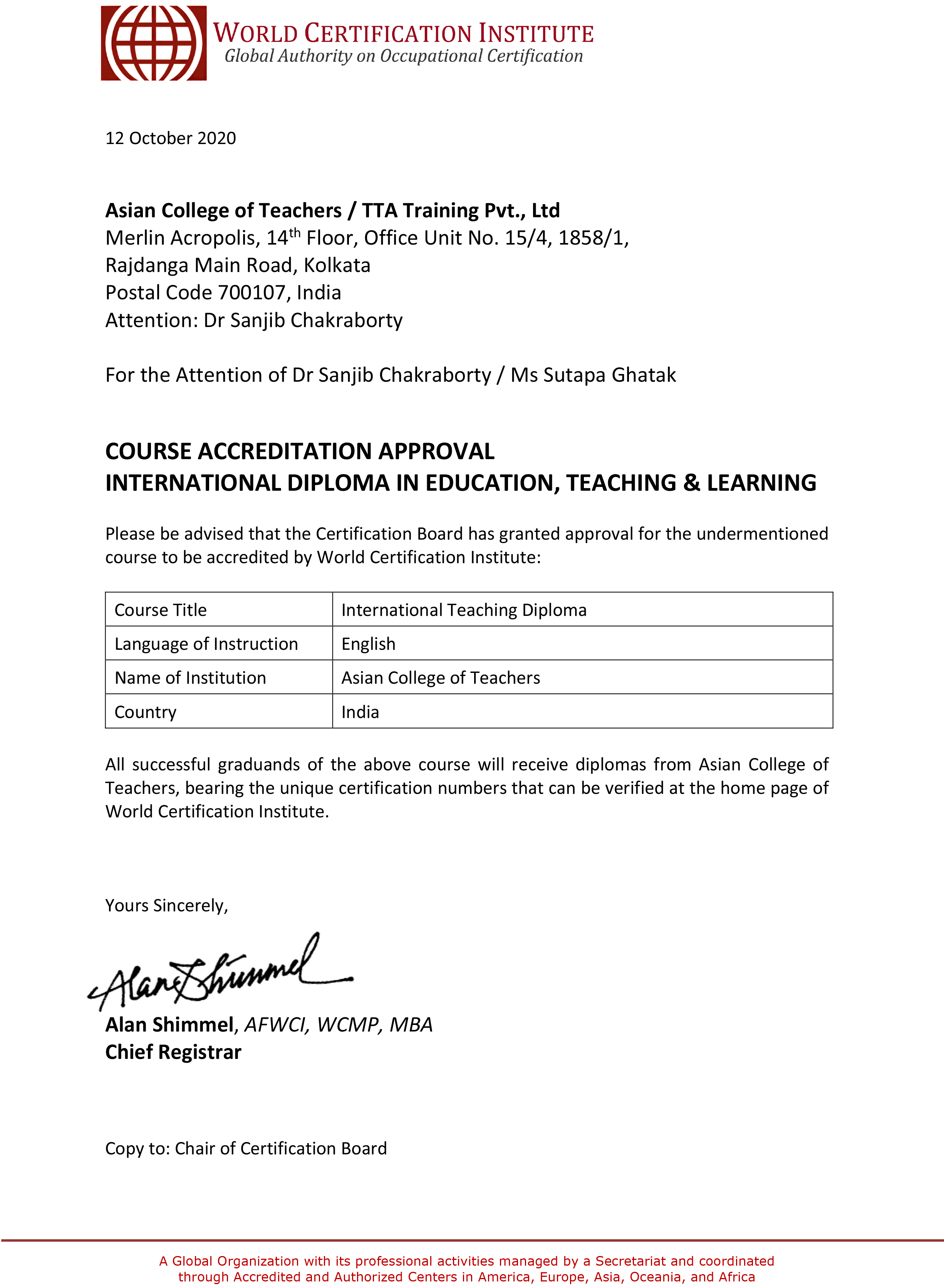 Asian College of Teachers Course Accreditation by WCI